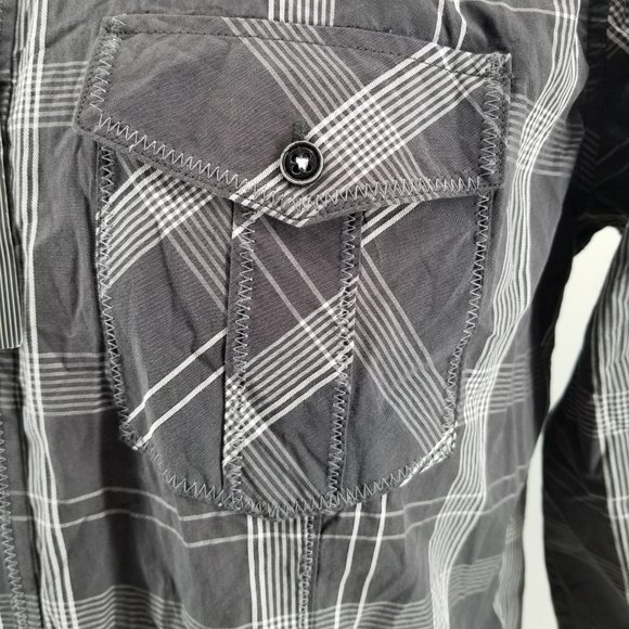 Bugatchi Shaped Fit Men's Flip Cuff Charcoal Plaid Long Sleeve Shirt Sz M - Picture 7 of 10